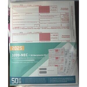 Blue Summit Supplies 2025 1099-Nec 4-Part Tax Forms 50 Sets Envelopes Included